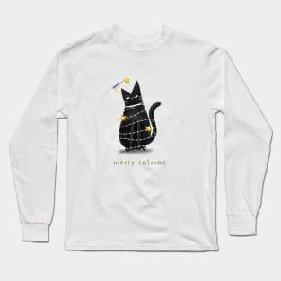 Cartoon black cat in New Year's garlands and the inscription "Merry Catmas". Long Sleeve T-Shirt